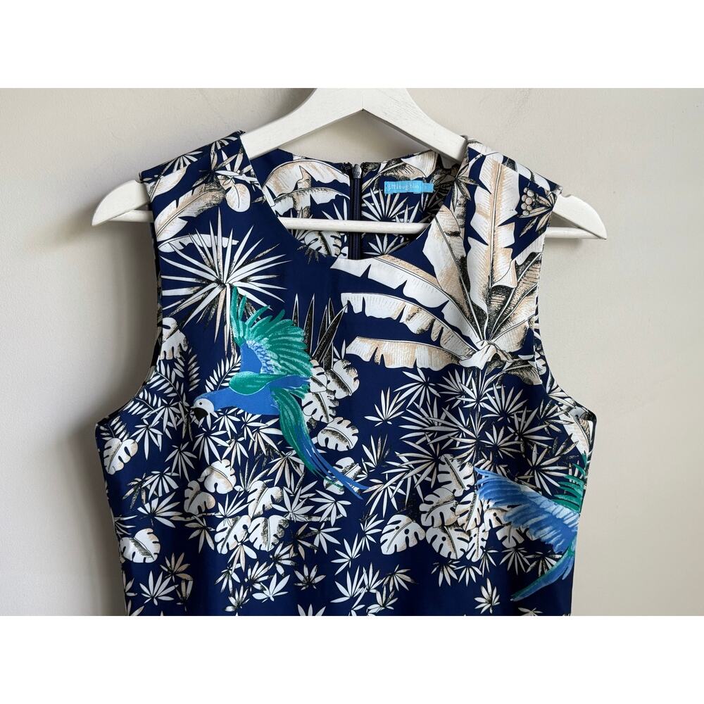 J.McLaughlin Tropical Palm Leaf/Bird Sleeveless Sheath Dress Blue White Womens 8 - Picture 3 of 10